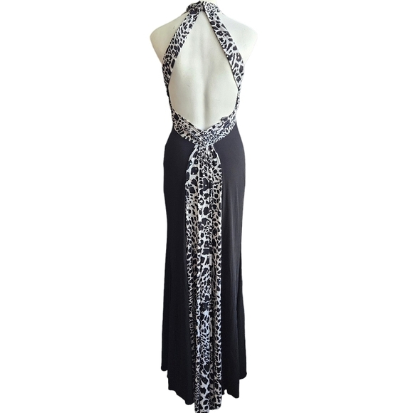 ZUM ZUM Black White Animal Print Gown Sz 3/4 Halter Open Back Dark Romantic - Picture 2 of 6